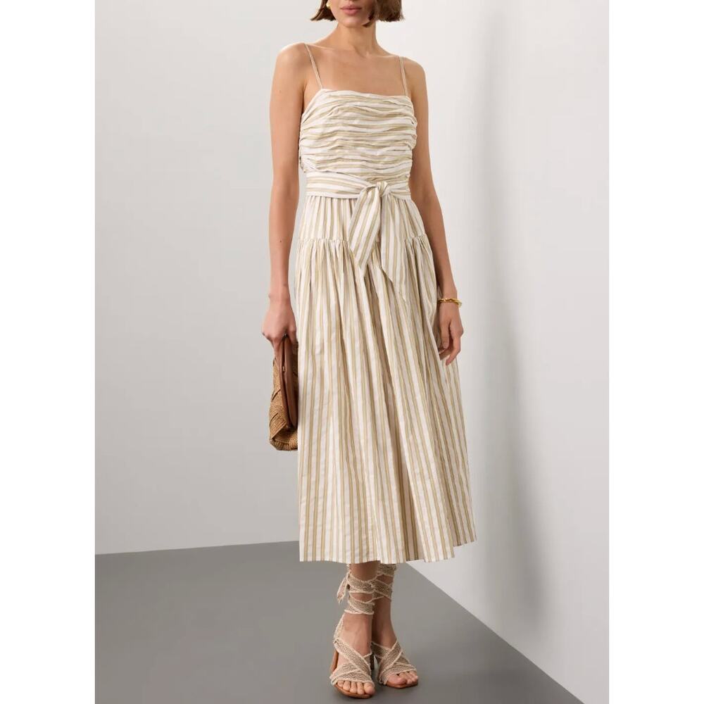 Toccin Brown Stripe Fit and Flare Midi Dress Size 12 Cotton Ruched Designer $475 - Picture 3 of 11